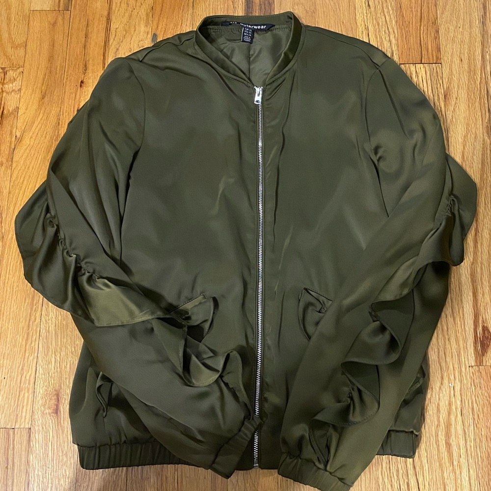 Zara green silky satin ruffle detail bomber jacket size XS